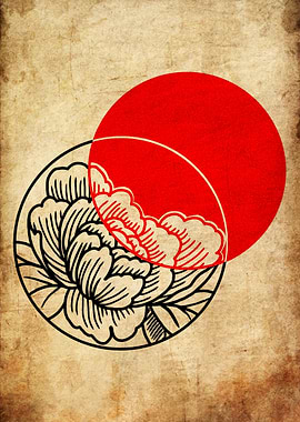 Japanese Peony and Sun Symbol