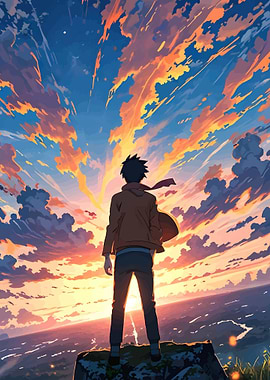 Anime character watching a sunset