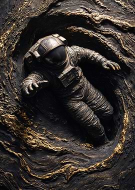 Golden Astronaut Swirling Black Hole Stone Relief