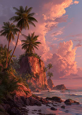 Tropical island sunset with palm trees