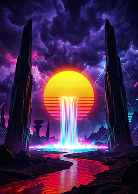Retro Futuristic Landscape with Waterfall Sun