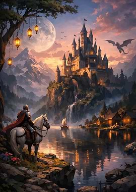 Fantasy Castle Landscape with Knight