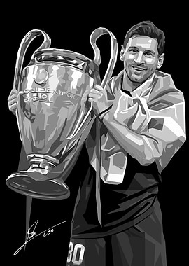 Lionel Messi holding the Champions League trophy