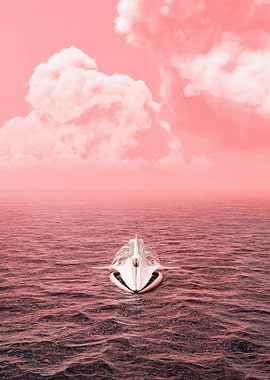 Whale Skeleton Floating on Pink Ocean