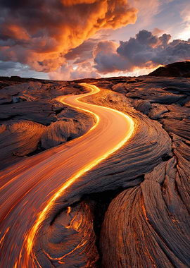 Flowing Lava River Under Dramatic Sky