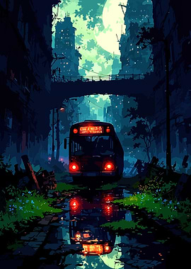 Post-apocalyptic bus in overgrown city