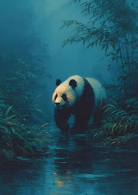 Panda in a Rainy Bamboo Forest