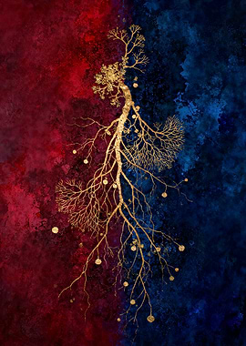 Golden Tree Branches on Red and Blue Background