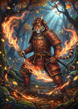 Tiger Samurai Warrior with Fiery Swords