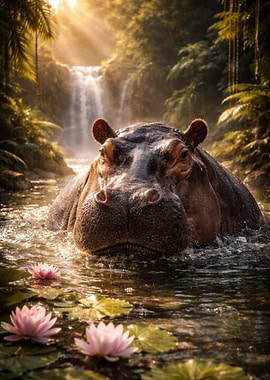 Hippopotamus in a jungle waterfall
