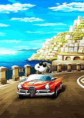 Cartoon Snoopy Driving a Red Convertible