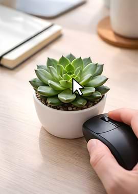 Succulent plant on a desk with mouse