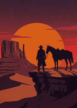Cowboy and horse at sunset