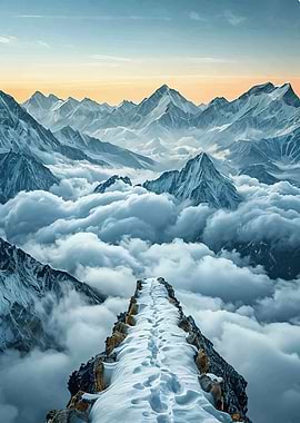 Snowy Mountain Path Above Clouds