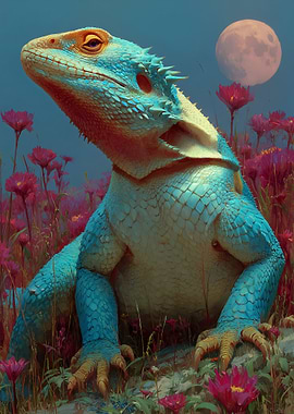 Blue Lizard in Pink Flowers