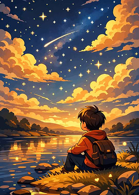 Boy Watching Shooting Star Over Lake