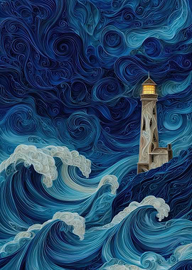 Guiding Light – Lighthouse in Stormy Abstract Sea