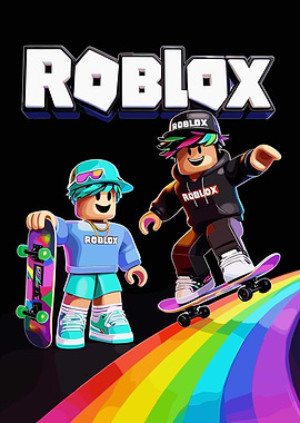 Roblox characters on skateboards with rainbow
