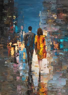 Couple walking in a city at night