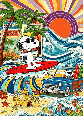 Snoopy Surfing and Woodstock at the Beach
