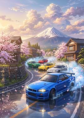 Drifting Cars with Mount Fuji and Cherry Blossoms