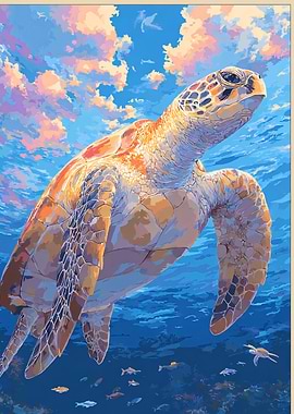 Animal Sea Turtle Swimming in Ocean Colorful Anime Style Japan