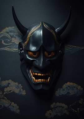 Black Oni Mask with Gold Accents