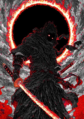 Dark Warrior with Fiery Swords