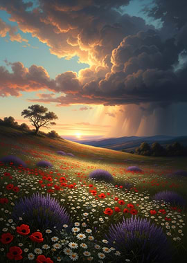 Stormy Sunset Over Wildflower Meadow