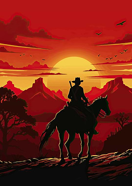 Cowboy on Horse at Sunset