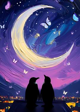 Penguins Under a Crescent Moon