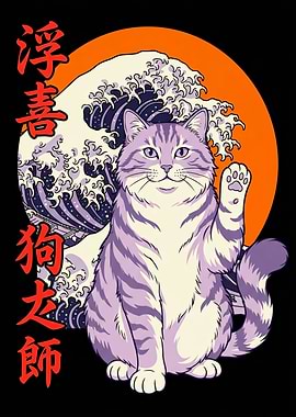 Maneki Neko Cat with Great Wave