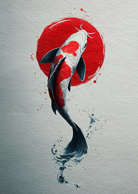 Koi Fish and Red Sun Painting