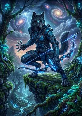 Fantasy Wolf Archer in Cosmic Forest