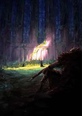 Figure in overgrown ruins with glowing light