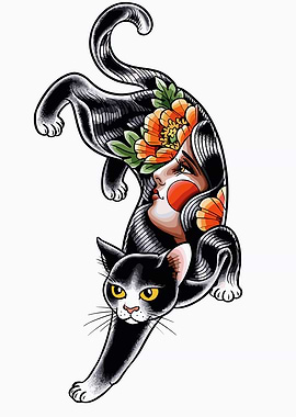 Tattoo Style Black Cat with Geisha Face