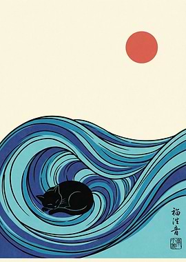 Black Cat Sleeping in a Wave