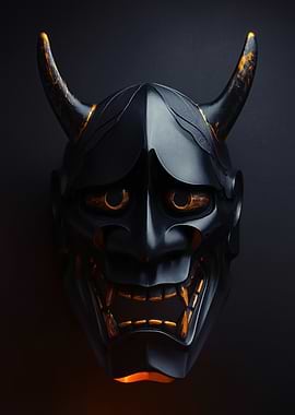 Black Oni Mask with Fiery Accents