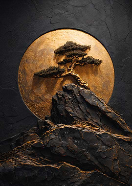 Golden Bonsai Tree Stone Relief