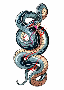 Aggressive Blue Snake with Red Flames
