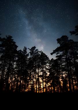 Starry Night Sky Over Pine Forest