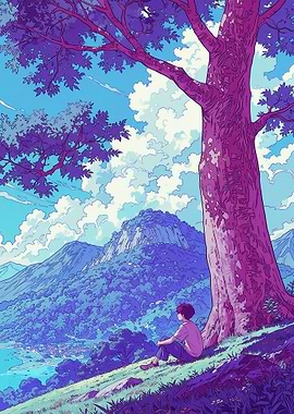 Person sitting under a tree overlooking a landscape