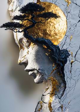 Surreal Zen Sculpture with Golden Sun