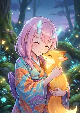 Anime Girl Hugging a Fox