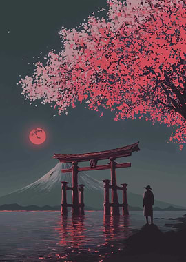 Serene Japanese Landscape with Torii Gate