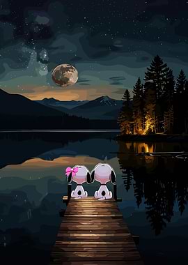 Snoopy Couple on Dock Under Moonlit Sky