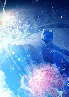 Dreamy Sky with Hot Air Balloon and Cherry Blossoms