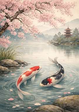 Koi Fish Under Cherry Blossoms