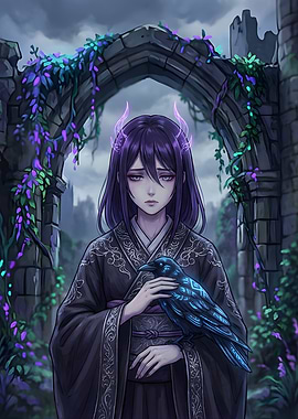 Gothic Anime Girl with Raven