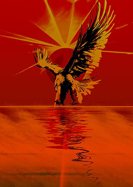 Eagle over Red Sun Reflection